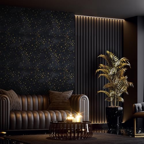 Buiory Large Eden Black Starry Sky Wallpaper - 38.6x480.6cm Removable Space Theme Wall Mural with Yellow Stars & Meteors, DIY Peel & Stick Wallpaper for Bedroom, Living Room, Nursery, Decor (204) - Image 5