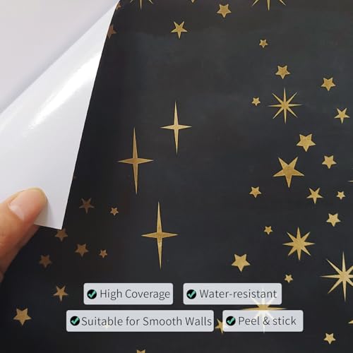 Buiory Large Eden Black Starry Sky Wallpaper - 38.6x480.6cm Removable Space Theme Wall Mural with Yellow Stars & Meteors, DIY Peel & Stick Wallpaper for Bedroom, Living Room, Nursery, Decor (204) - Image 3