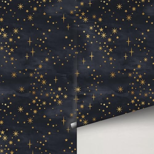 Buiory Large Eden Black Starry Sky Wallpaper - 38.6x480.6cm Removable Space Theme Wall Mural with Yellow Stars & Meteors, DIY Peel & Stick Wallpaper for Bedroom, Living Room, Nursery, Decor (204) - Image 1