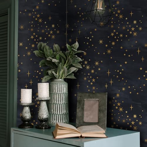 Buiory Large Eden Black Starry Sky Wallpaper - 38.6x480.6cm Removable Space Theme Wall Mural with Yellow Stars & Meteors, DIY Peel & Stick Wallpaper for Bedroom, Living Room, Nursery, Decor (204) - Image 4