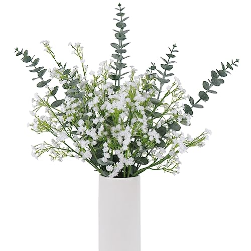 DEEMEI 18pcs Babys Breath Artificial Flowers Fake Eucalyptus Leaves Flowers Bouquet Artificial White Gypsophila Bouquets Real Touch Faux Flowers for Wedding Floral Arrangement Party Home Decoration - Image 1