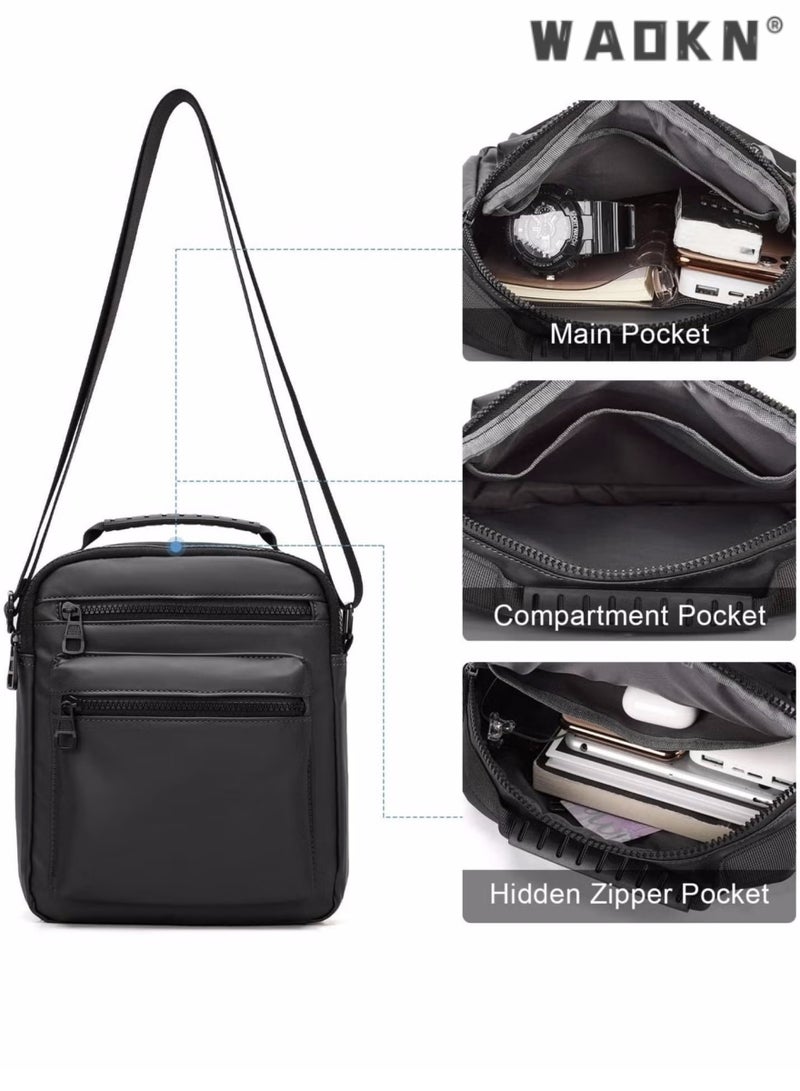WAOKN Men High Quality boys Crossbody Bag Minimalist Wear-Resistant Oxford Crossbody/Shoulder Bag with Adjustable Strap and Top Handle Multi-layer Functional New Trends Fashion Handbag for Men Solid Black  - Image 5