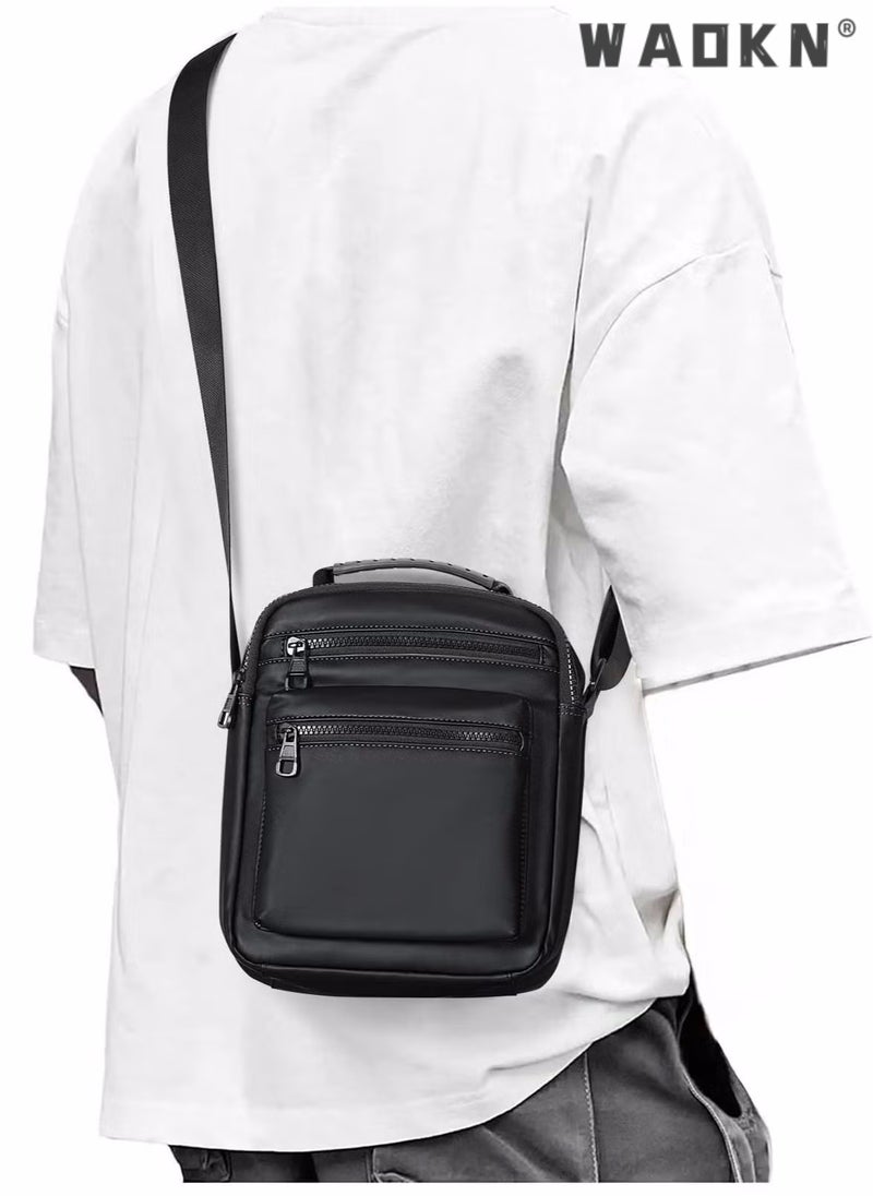 WAOKN Men High Quality boys Crossbody Bag Minimalist Wear-Resistant Oxford Crossbody/Shoulder Bag with Adjustable Strap and Top Handle Multi-layer Functional New Trends Fashion Handbag for Men Solid Black  - Image 3