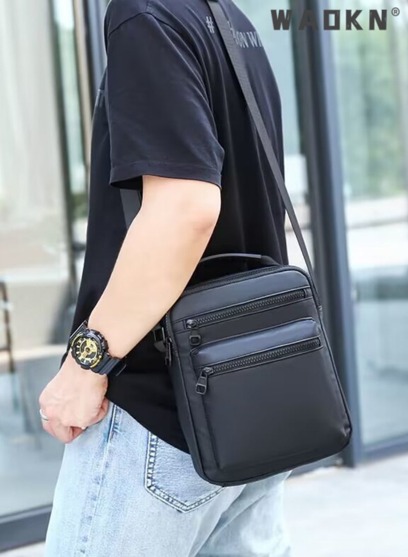 WAOKN Men High Quality boys Crossbody Bag Minimalist Wear-Resistant Oxford Crossbody/Shoulder Bag with Adjustable Strap and Top Handle Multi-layer Functional New Trends Fashion Handbag for Men Solid Black  - Image 2