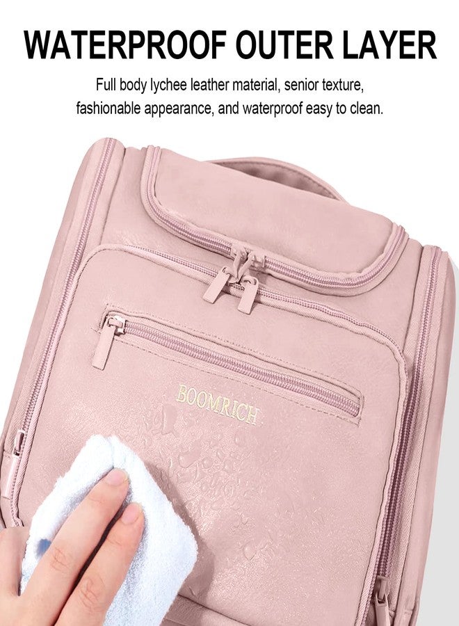 BOOMRICH Large Toiletry Bag for Women, Hanging Leather Travel Makeup Bag with 360° Hook and Shoulder Strap, Travel Organizer for Full Sized Container, Toiletries, Brushes (Pink) - Image 5