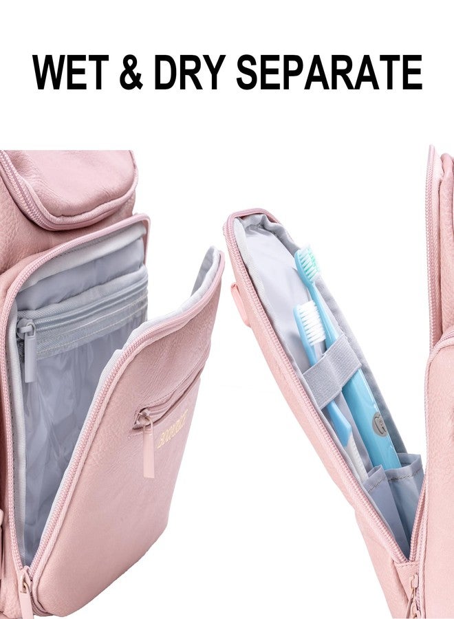 BOOMRICH Large Toiletry Bag for Women, Hanging Leather Travel Makeup Bag with 360° Hook and Shoulder Strap, Travel Organizer for Full Sized Container, Toiletries, Brushes (Pink) - Image 3