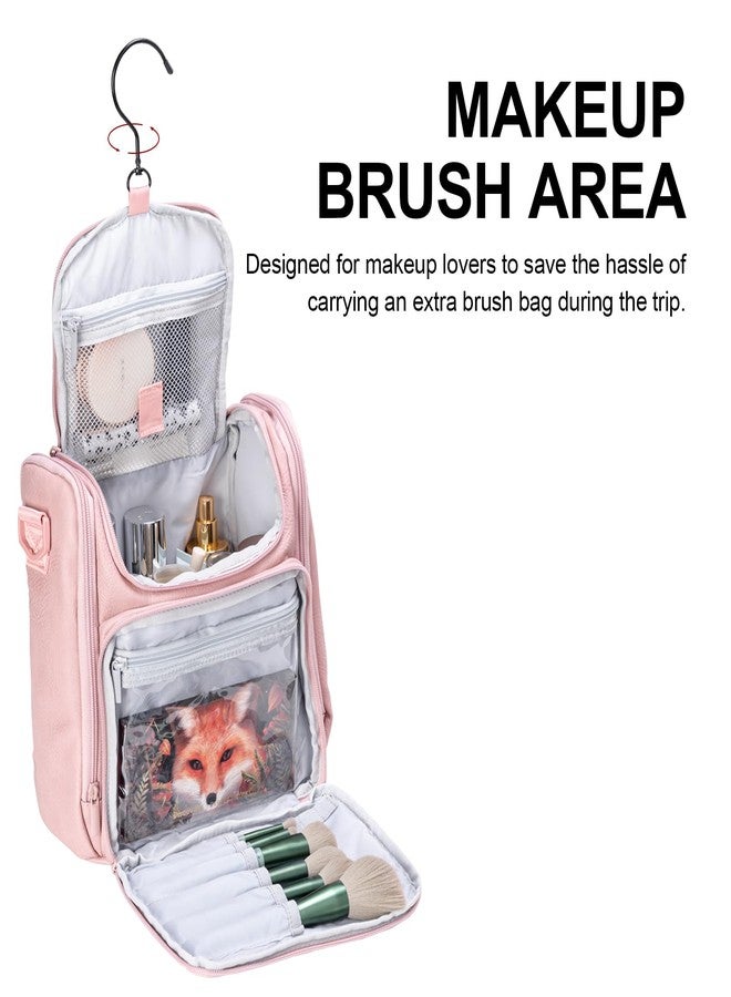 BOOMRICH Large Toiletry Bag for Women, Hanging Leather Travel Makeup Bag with 360° Hook and Shoulder Strap, Travel Organizer for Full Sized Container, Toiletries, Brushes (Pink) - Image 4