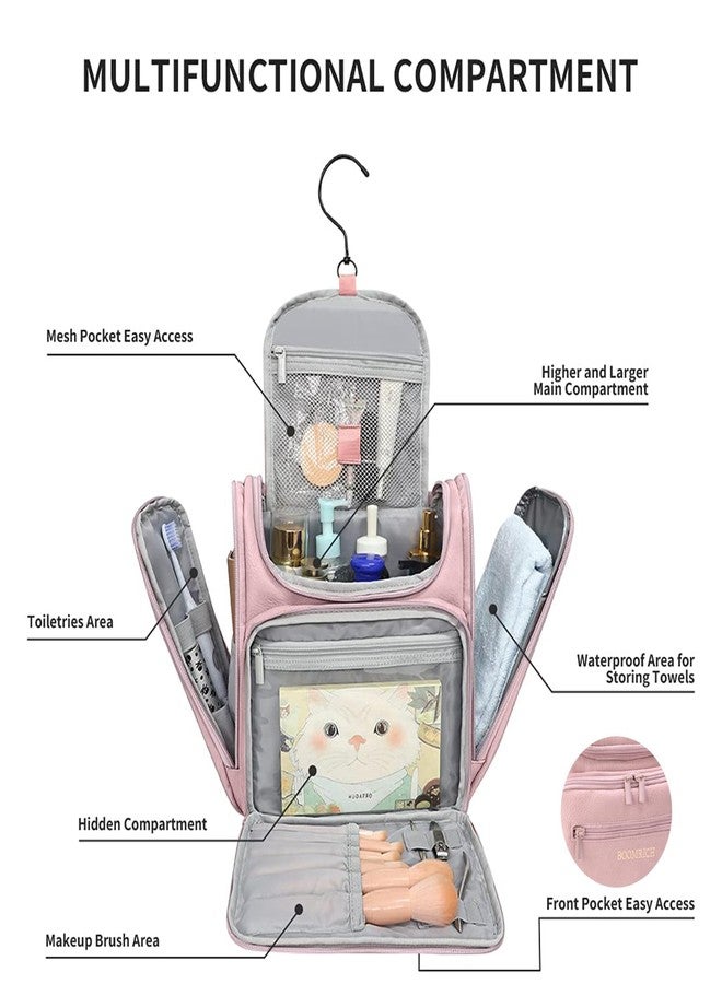 BOOMRICH Large Toiletry Bag for Women, Hanging Leather Travel Makeup Bag with 360° Hook and Shoulder Strap, Travel Organizer for Full Sized Container, Toiletries, Brushes (Pink) - Image 2