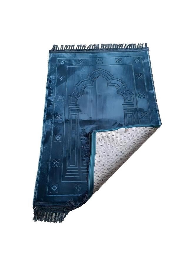yongsheng Embossed Prayer Mat Blue 80x120cm-Prayer Rug Muslim Mat Islamic - Thick Large Padded for Kids Men Women with Islam Prayer Beads for Eid Travel Ramadan, Soft Luxury Great for Knees and Forehead  - Image 1