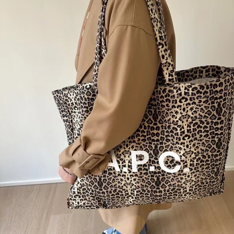 Leopard Print Apc Korean Style Small Leopard Print Extra Large Capacity Mommy Canvas Bag Canvas Bag Tote Bag Single Shoulder Satchel All Year Round - Image 2