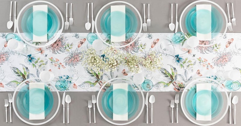 PLASTICPRO 128 Pieces Crystal Design Plastic Plates Combo Pack 7 inch and 10 inch Gold Rim Elegant Disposable Plates, Transparent Aqua Blue - Image 4