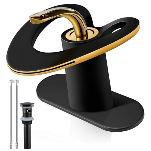 SONMAJIA Black Gold Waterfall Sink Single Hole Vanity 1 Handle Brass Modern Unique Bathroom Faucets, Single Lever Copper Swan Style Vessel Hollow Single Handle Faucet with Deck Plate for 3 Hole - Image 1