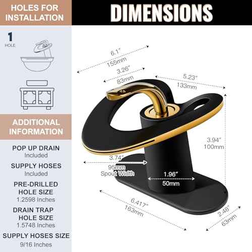 SONMAJIA Black Gold Waterfall Sink Single Hole Vanity 1 Handle Brass Modern Unique Bathroom Faucets, Single Lever Copper Swan Style Vessel Hollow Single Handle Faucet with Deck Plate for 3 Hole - Image 5