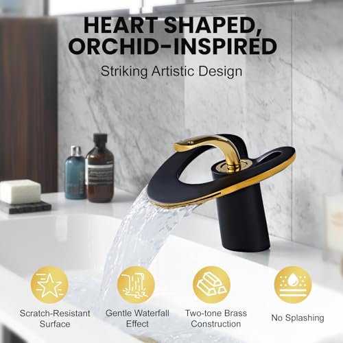SONMAJIA Black Gold Waterfall Sink Single Hole Vanity 1 Handle Brass Modern Unique Bathroom Faucets, Single Lever Copper Swan Style Vessel Hollow Single Handle Faucet with Deck Plate for 3 Hole - Image 4