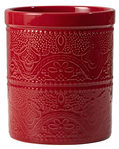 FE FUN ELEMENTS FUN ELEMENTS Kitchen Utensil Holder, 7.2" Super Large Utensil Crock Heavy and Stable Lace Emboss Ceramic Utensil Holder for Kitchen Counter (Christmas Red) - Image 1
