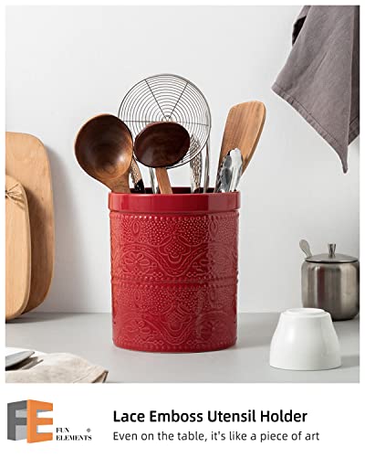 FE FUN ELEMENTS FUN ELEMENTS Kitchen Utensil Holder, 7.2" Super Large Utensil Crock Heavy and Stable Lace Emboss Ceramic Utensil Holder for Kitchen Counter (Christmas Red) - Image 2