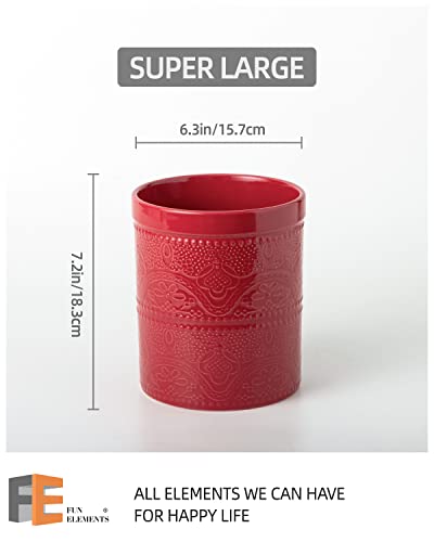 FE FUN ELEMENTS FUN ELEMENTS Kitchen Utensil Holder, 7.2" Super Large Utensil Crock Heavy and Stable Lace Emboss Ceramic Utensil Holder for Kitchen Counter (Christmas Red) - Image 5