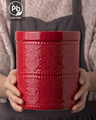 FE FUN ELEMENTS FUN ELEMENTS Kitchen Utensil Holder, 7.2" Super Large Utensil Crock Heavy and Stable Lace Emboss Ceramic Utensil Holder for Kitchen Counter (Christmas Red) - Image 4