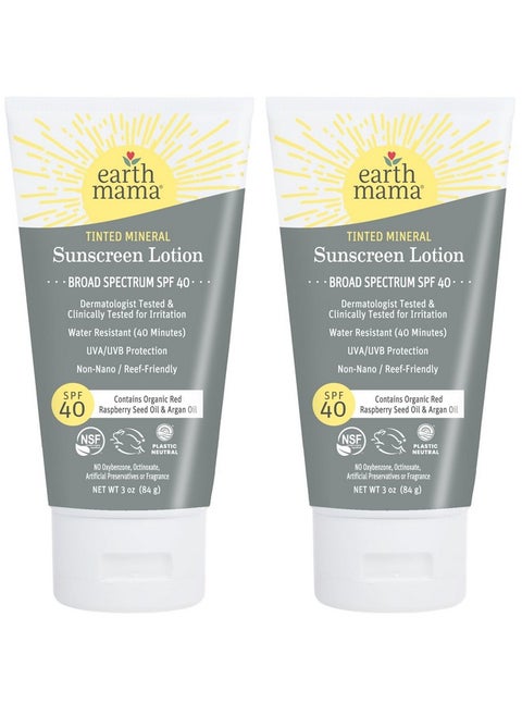 Earth Mama Tinted Mineral Sunscreen Lotion SPF 40, Contains Organic Argan and Red Raspberry Seed Oil, 3-Ounces, 2-Pack