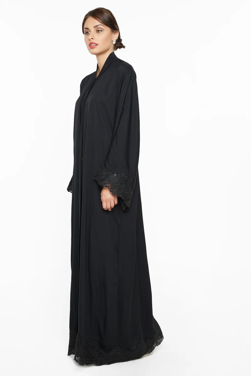 النخبة A classy abaya with Black floral lace hemming by ends and sleeves-AJ520A