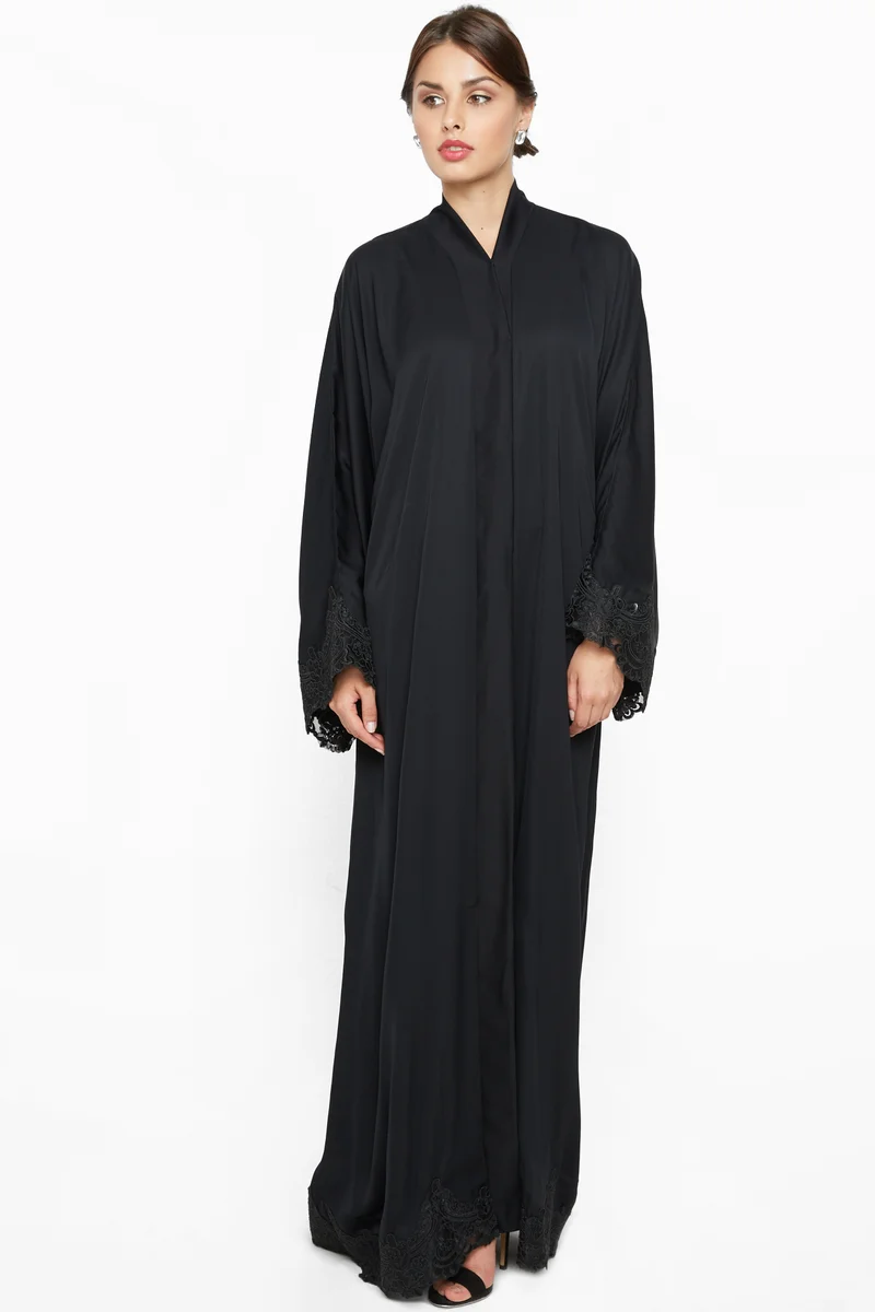 النخبة A classy abaya with Black floral lace hemming by ends and sleeves-AJ520A