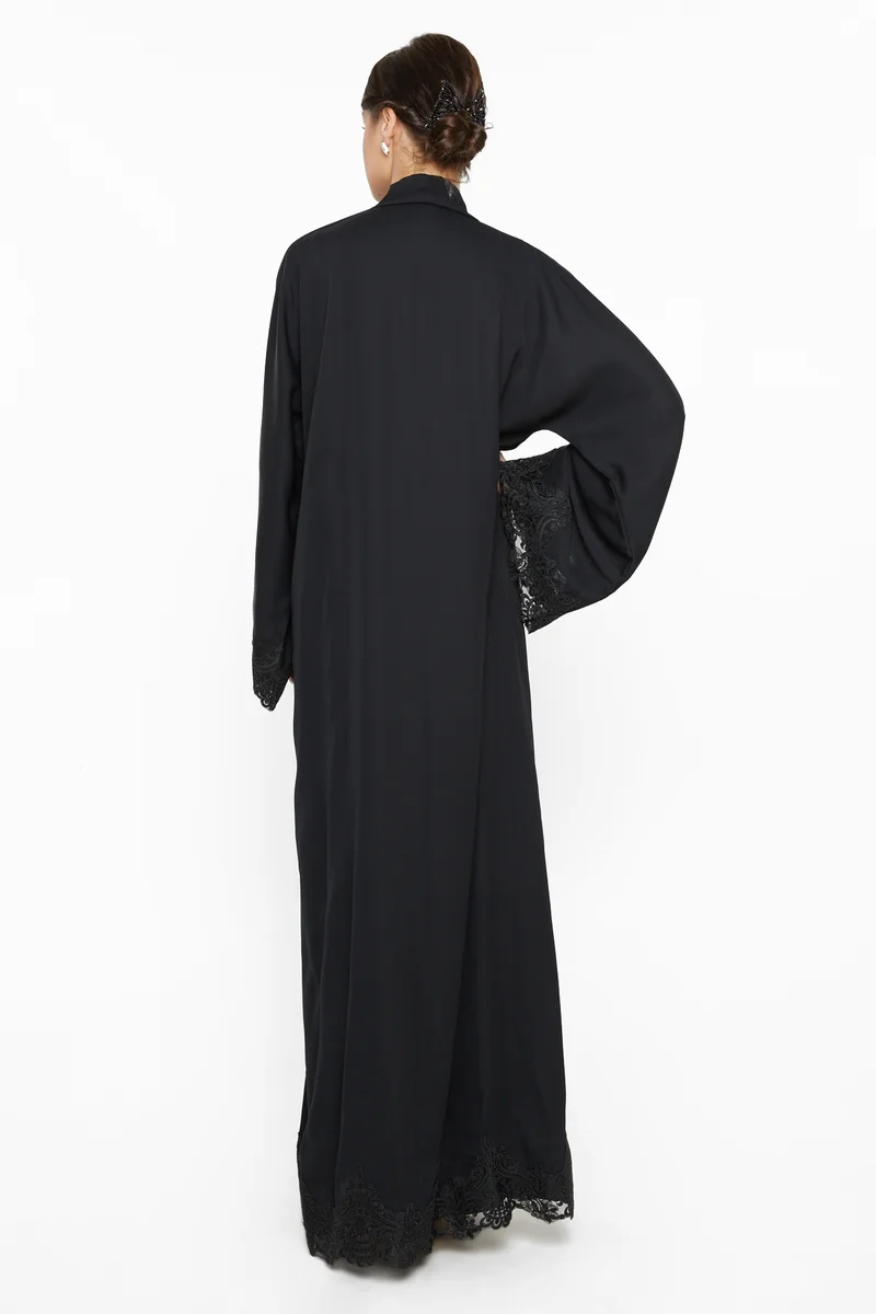NUKHBAA A classy abaya with Black floral lace hemming by ends and sleeves-AJ520A