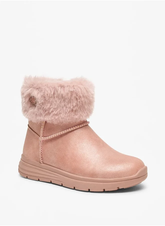 جونيورز Girls Faux Fur Textured Low Ankle Boots with Zip Closure