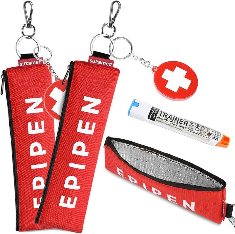 suzamed حقيبة حمل EpiPen محمولة، حقيبة طبية طارئة معزولة للحفاظ عل�� فعالية الدواء، تناسب حاقن EpiPen واحد، جهاز استنشاق الربو، Auvi-Q، أدوية الحساسية، حامل EpiPen للسفر للبالغين أو الأطفال (قطعتان أحمر) - Image 1