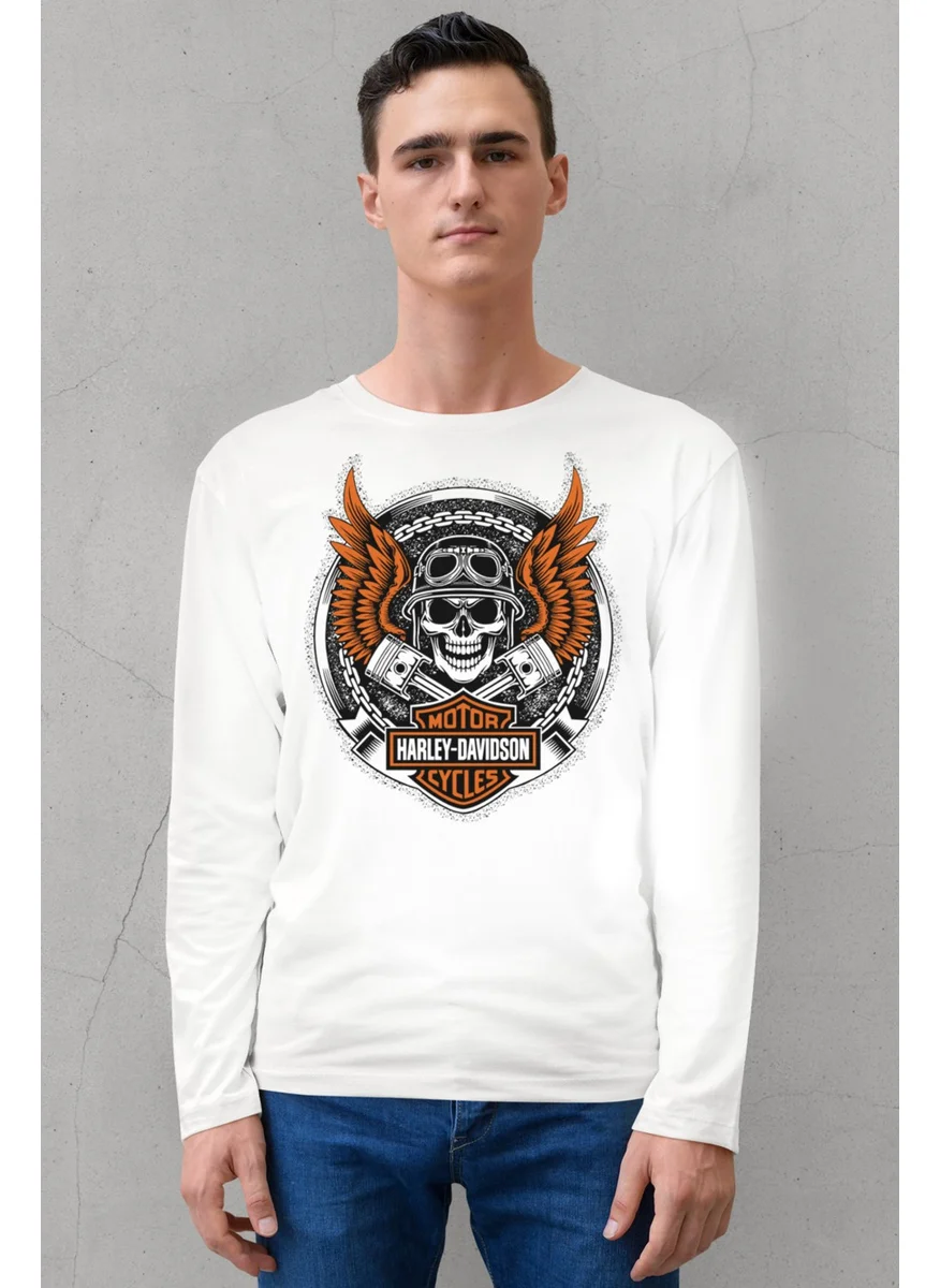 روك اند رول Biker Skull White Long Sleeve Men's Combed Cotton T-Shirt
