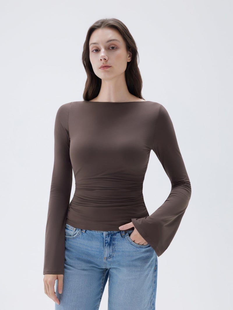 SUUKSESS Women Crew Neck Bell Sleeve Tops Double Lined Going Out Fitted Basic T Shirts Long Sleeve 2025 for Fall(Brown, M) - Image 4