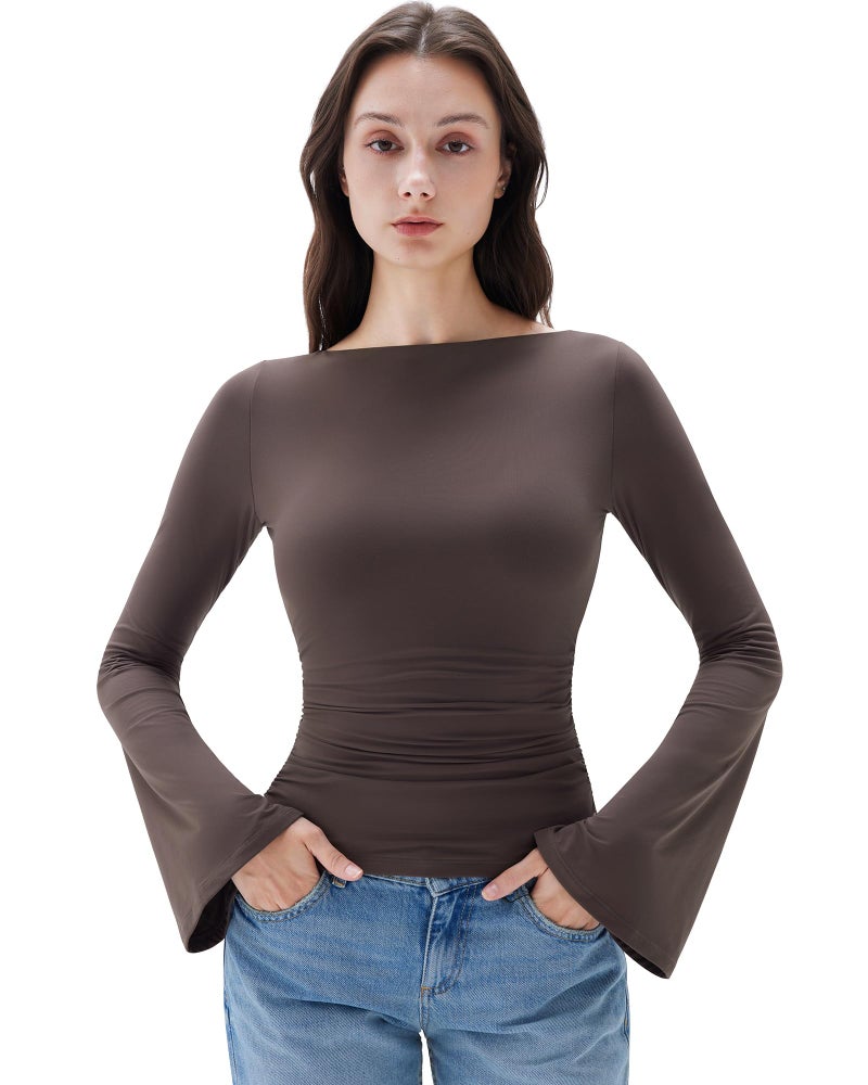 SUUKSESS Women Crew Neck Bell Sleeve Tops Double Lined Going Out Fitted Basic T Shirts Long Sleeve 2025 for Fall(Brown, M) - Image 1