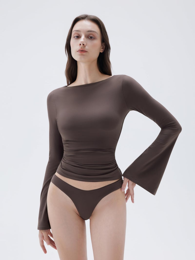 SUUKSESS Women Crew Neck Bell Sleeve Tops Double Lined Going Out Fitted Basic T Shirts Long Sleeve 2025 for Fall(Brown, M) - Image 2