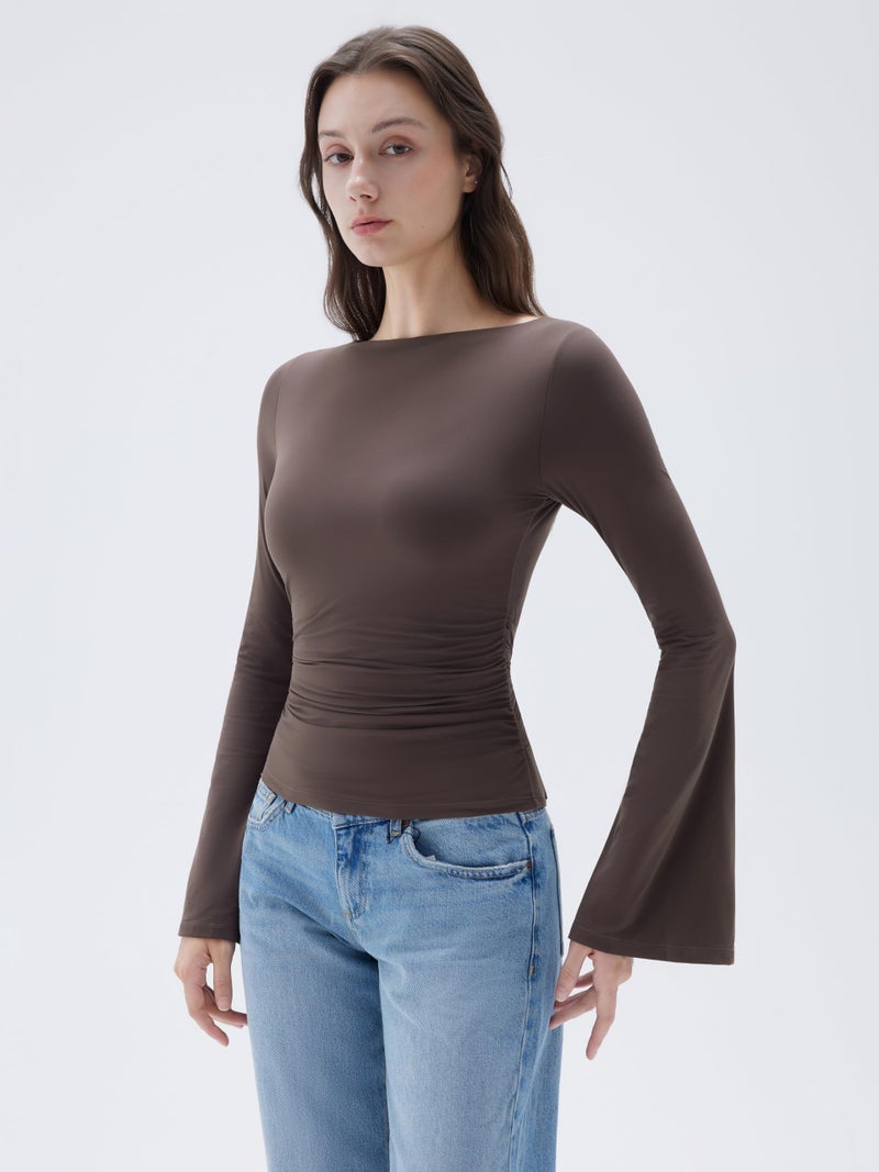 SUUKSESS Women Crew Neck Bell Sleeve Tops Double Lined Going Out Fitted Basic T Shirts Long Sleeve 2025 for Fall(Brown, M) - Image 5