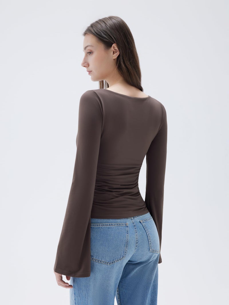 SUUKSESS Women Crew Neck Bell Sleeve Tops Double Lined Going Out Fitted Basic T Shirts Long Sleeve 2025 for Fall(Brown, M) - Image 3