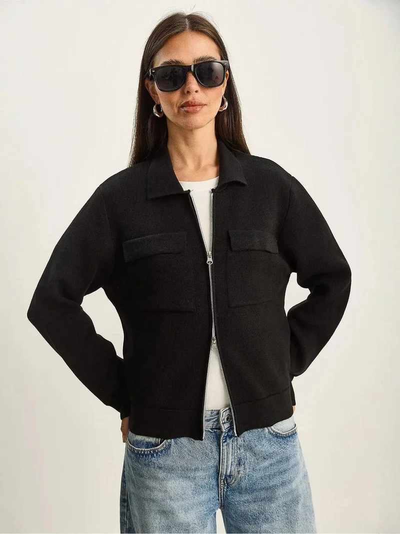 Bianco Lucci Black LUCCI Ribbed Knitwear Cardigan with Zipper and Pockets for Women | Best Price UAE