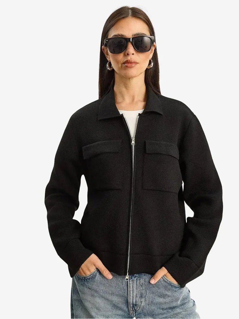 Bianco Lucci Black LUCCI Ribbed Knitwear Cardigan with Zipper and Pockets for Women | Best Price UAE