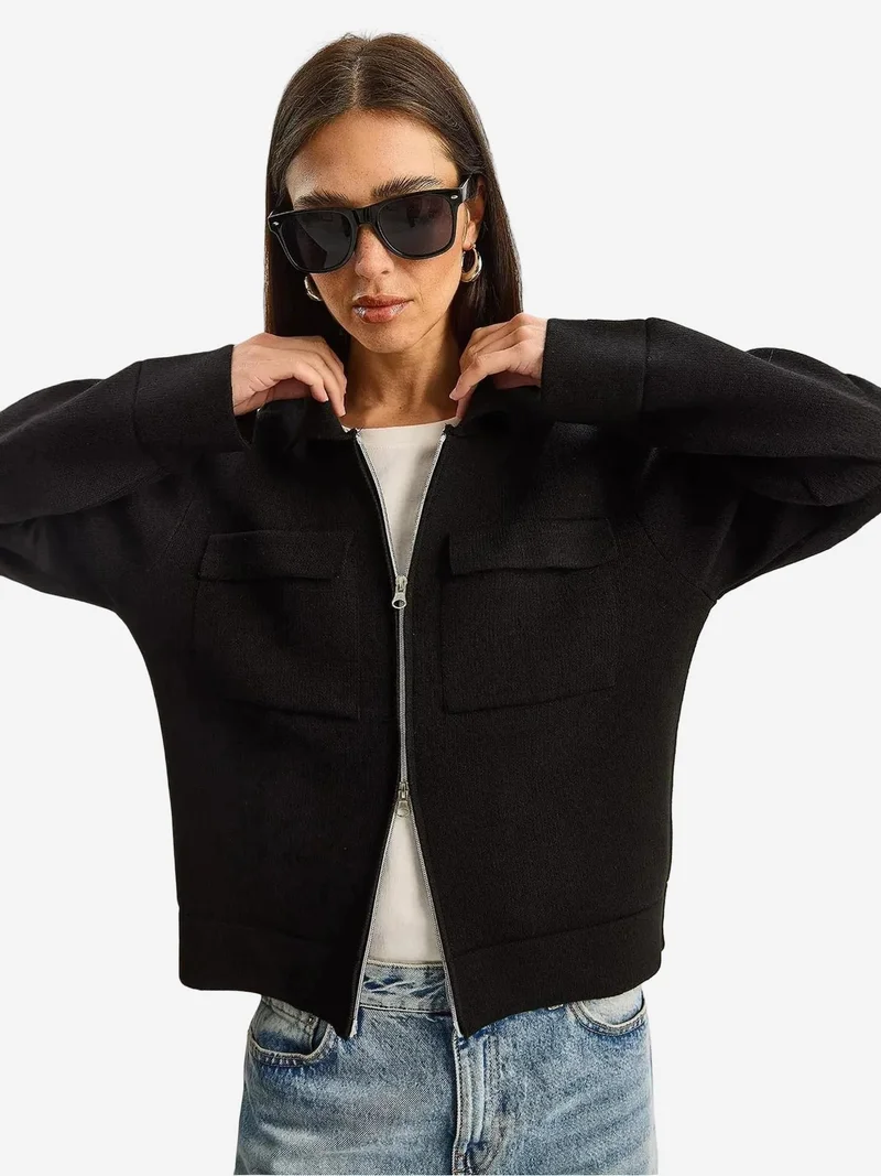 Bianco Lucci Black LUCCI Ribbed Knitwear Cardigan with Zipper and Pockets for Women | Best Price UAE