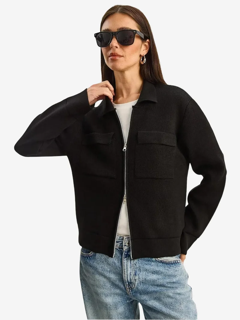 LUCCI Ribbed Knitwear Cardigan with Zipper and Pockets