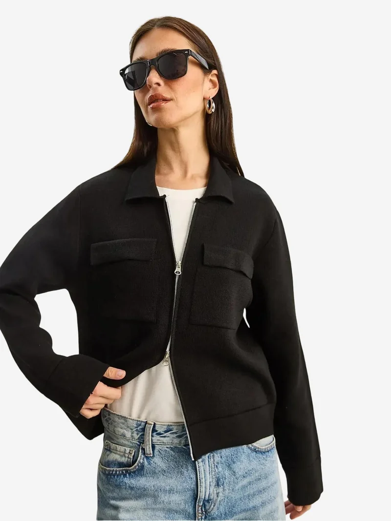 Bianco Lucci Black LUCCI Ribbed Knitwear Cardigan with Zipper and Pockets for Women | Best Price UAE