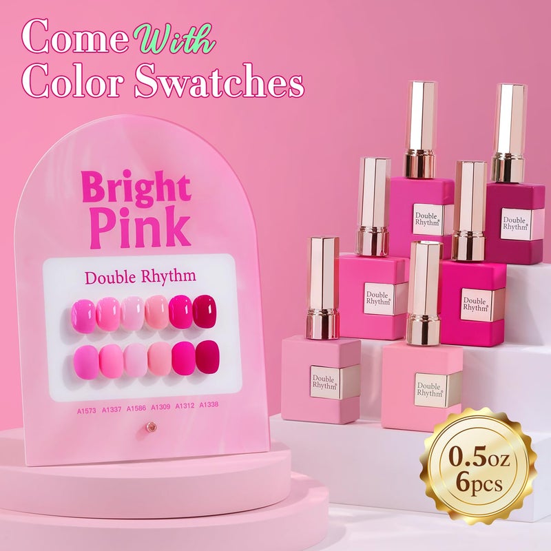 Double Rhythm 6 Pcs 15 ML Gel Polish Set Same Color Same Bottle Soak Off Gel Polish Kit Nail Art Manicure Salon DIY at Home for Women (Bright Neon Light Pink Purple-T6-13) - Image 2