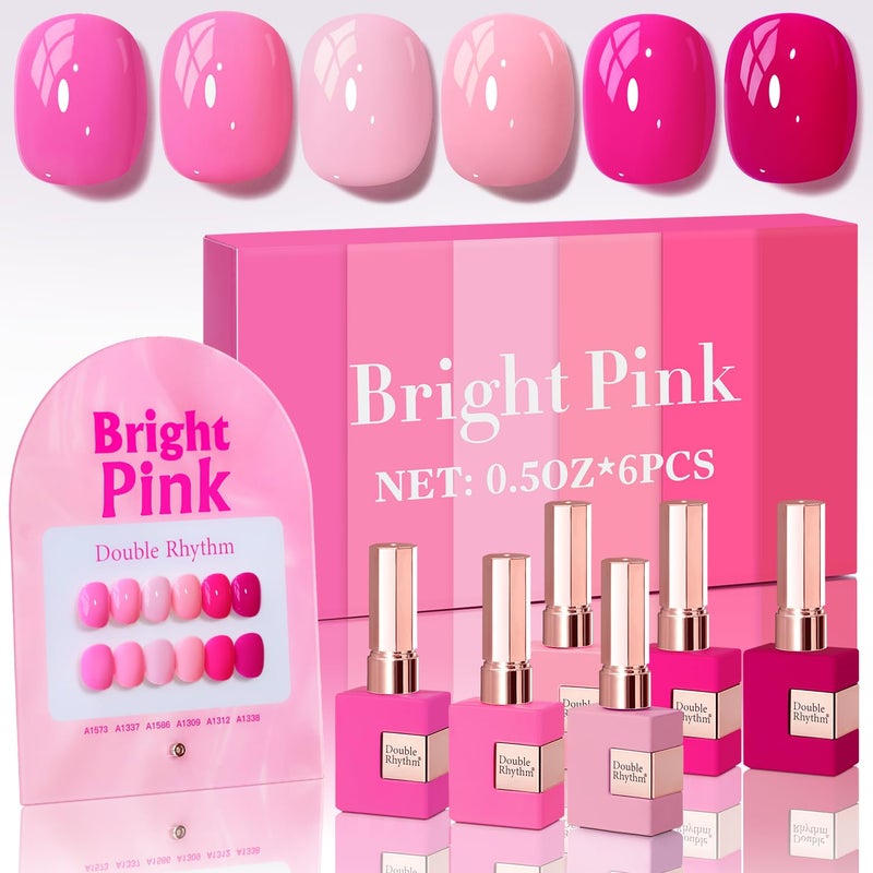 Double Rhythm 6 Pcs 15 ML Gel Polish Set Same Color Same Bottle Soak Off Gel Polish Kit Nail Art Manicure Salon DIY at Home for Women (Bright Neon Light Pink Purple-T6-13) - Image 1