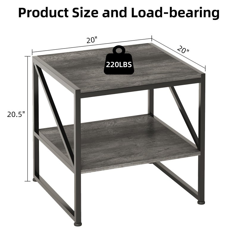 Mexin 20 Inch Square End Table, Mini Fridge Stand with 2-Tier Storage Shelf, High Load Capacity Side Table for Living Room Bedroom, Rustic Brown - Image 2