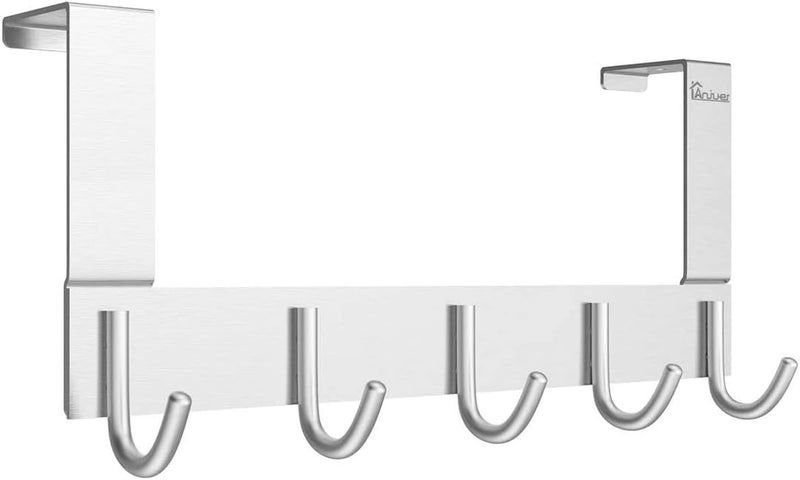 Anjuer Door Hooks Hanger Rack, Aluminum Utility Organizer Towel Hooks Holder for Kithchen Bathroom, 5 Hooks Over The Door Hanger Silver - Image 1