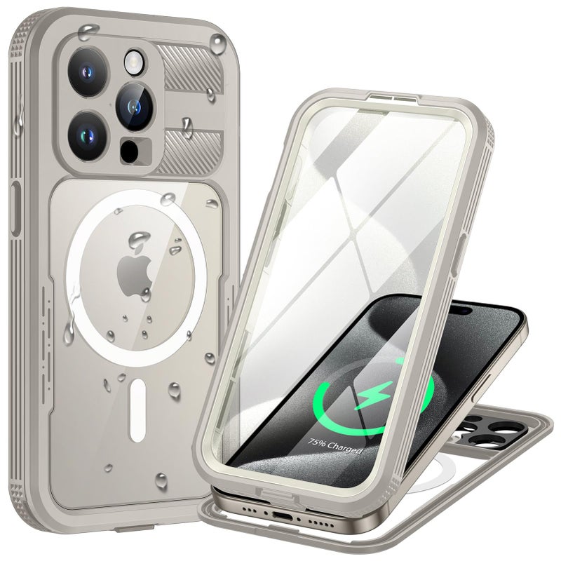 Lanhiem Magnetic for iPhone 15 Pro Max Case IP68 Waterproof Dustproof Case Compatible with Magsafe Builtin Screen Protector Full Body Heavy Duty Rugged Phone Cover 67 inch Natural - Image 2