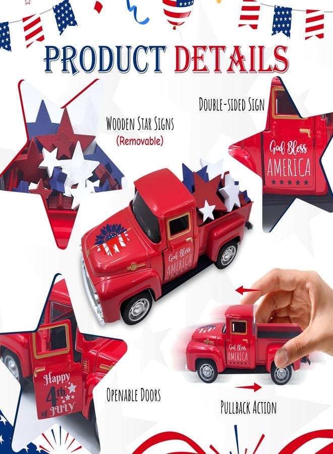 Teeloray 4th of July Decorations Farmhouse Metal Truck with Wooden Stars Patriotic Table Centerpiece 250th Anniversary Independence Day Tabletop Decor Memorial Day Red White and Blue Tiered Tray Decor for Home - Image 3