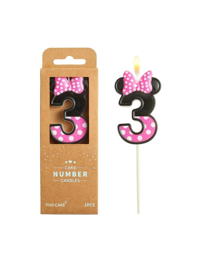 PHD CAKE 2.76 Inch Cartoon Pink and Black Mouse 3 Number Birthday Candles, Anime Cartoon Number Candles, Cake Number Candles, Party Celebration, Style Candle - Image 1
