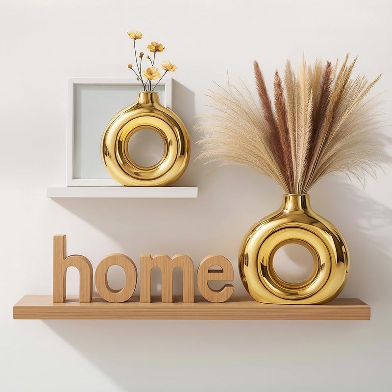 XTORE مزهرية دائرية خزفية ذهبية معدنية لتزيين المنزل | مزهرية زخرفية بتصميم بسيط لغرفة المعيشة، غرفة النوم، المكتب، الرف، طاولة القهوة، طاولة الطعام - (عبوة من 2، العشب غير متضمن) - Image 4