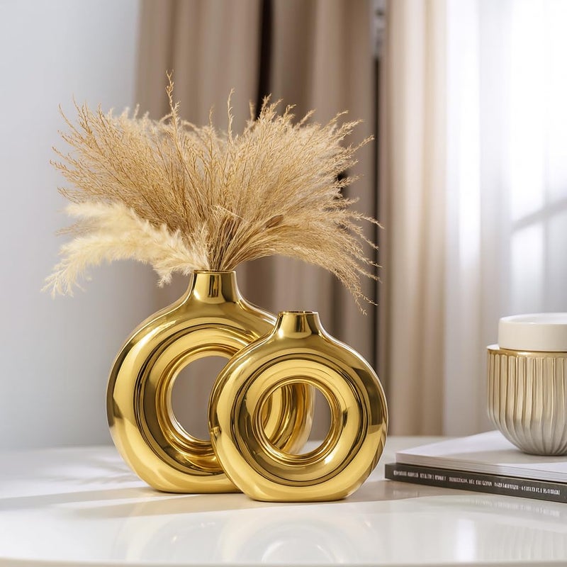 XTORE مزهرية دائرية خزفية ذهبية معدنية لتزيين المنزل | مزهرية زخرفية بتصميم بسيط لغرفة المعيشة، غرفة النوم، المكتب، الرف، طاولة القهوة، طاولة الطعام - (عبوة من 2، العشب غير متضمن) - Image 2