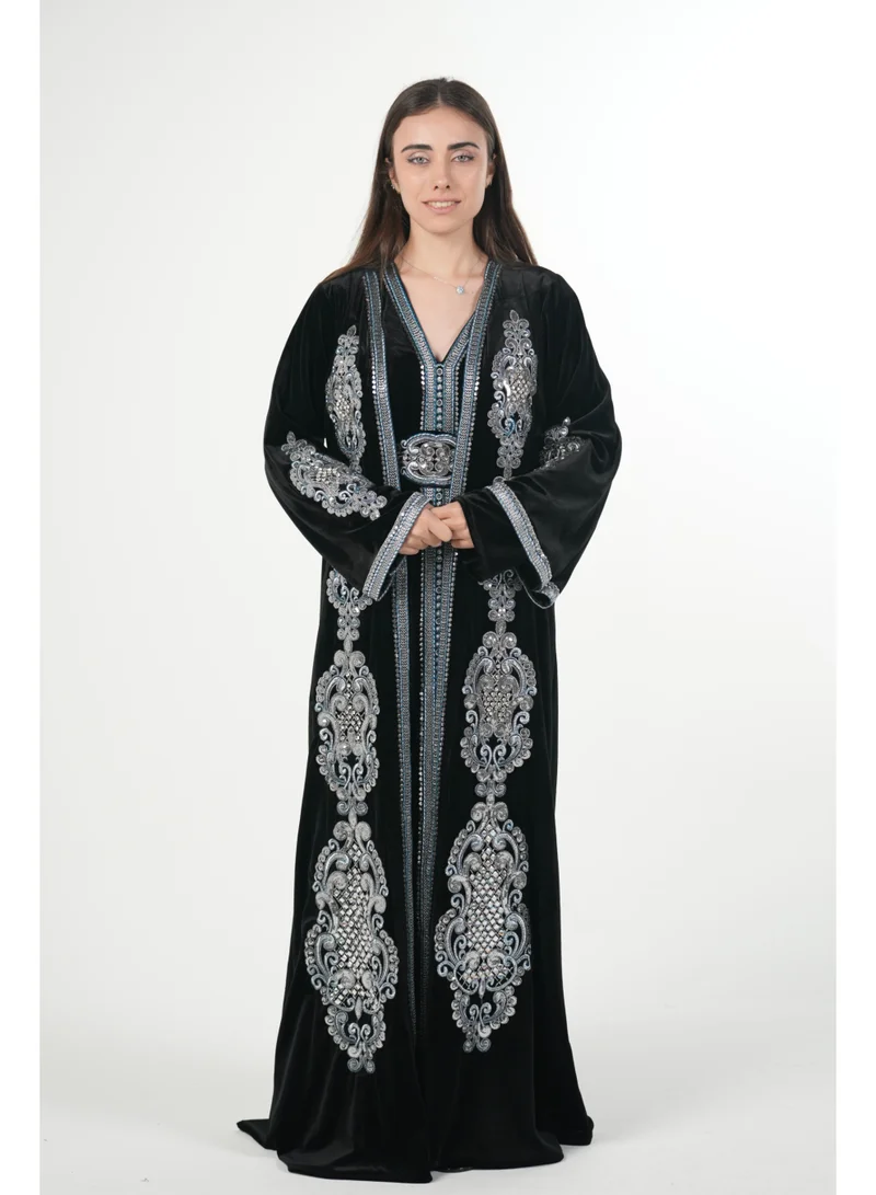 AL BENT AL SHARQIEH Velvet kaftan jalabiya dress with belt