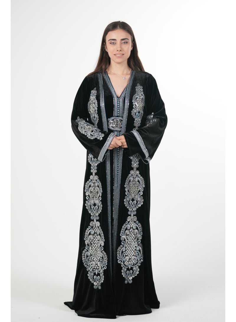 AL BENT AL SHARQIEH Velvet kaftan jalabiya dress with belt - Image 1